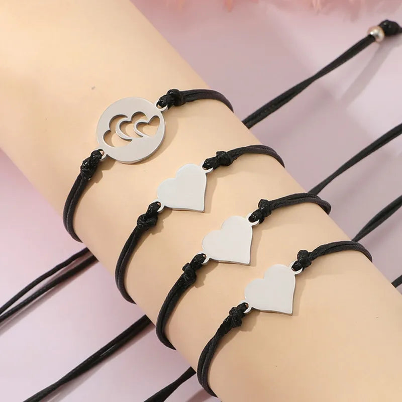 Lot de 4 Bracelets Réglables avec Carte - Cœur Mère Filles - Famille Parents Enfant Maman Fille - Pendentif Coeur - Acier Inoxydable