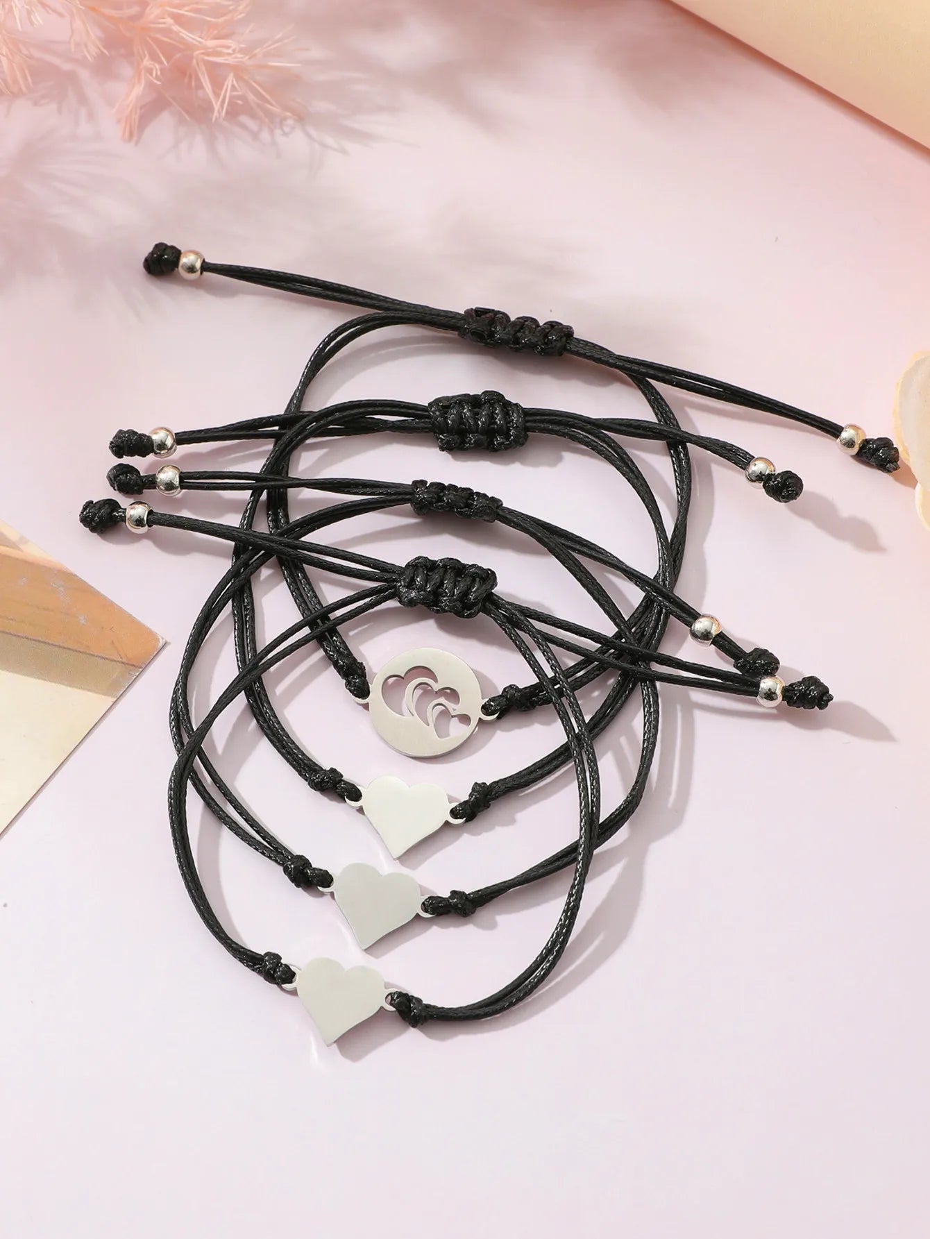 Lot de 4 Bracelets Réglables avec Carte - Cœur Mère Filles - Famille Parents Enfant Maman Fille - Pendentif Coeur - Acier Inoxydable