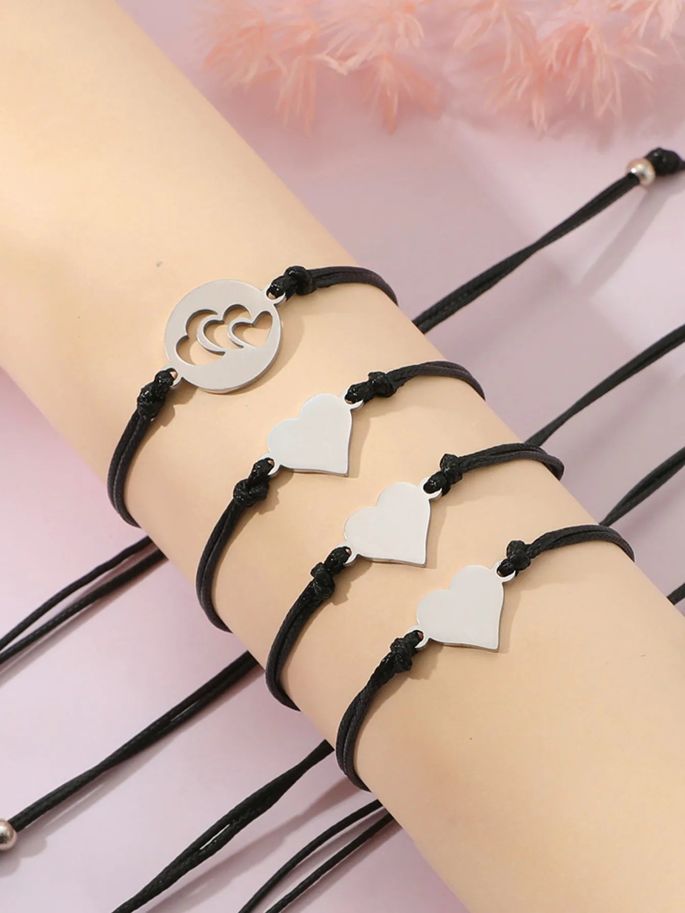 Lot de 4 Bracelets Réglables avec Carte - Cœur Mère Filles - Famille Parents Enfant Maman Fille - Pendentif Coeur - Acier Inoxydable