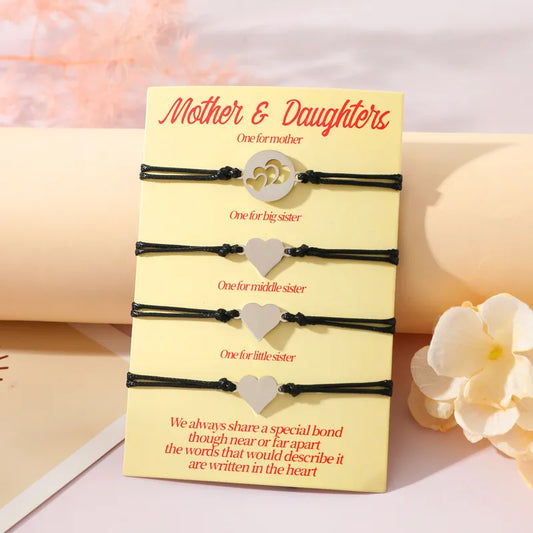 Lot de 4 Bracelets Réglables avec Carte - Cœur Mère Filles - Famille Parents Enfant Maman Fille - Pendentif Coeur - Acier Inoxydable