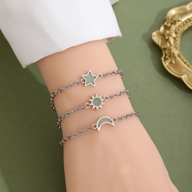 Lot de 3 Bracelets Maillons D'amitié - 3 Lune Soleil Etoile Phosphorescent - BFF - Best Friends Forever - Fantaisie - Mignon - Acier Inoxydable