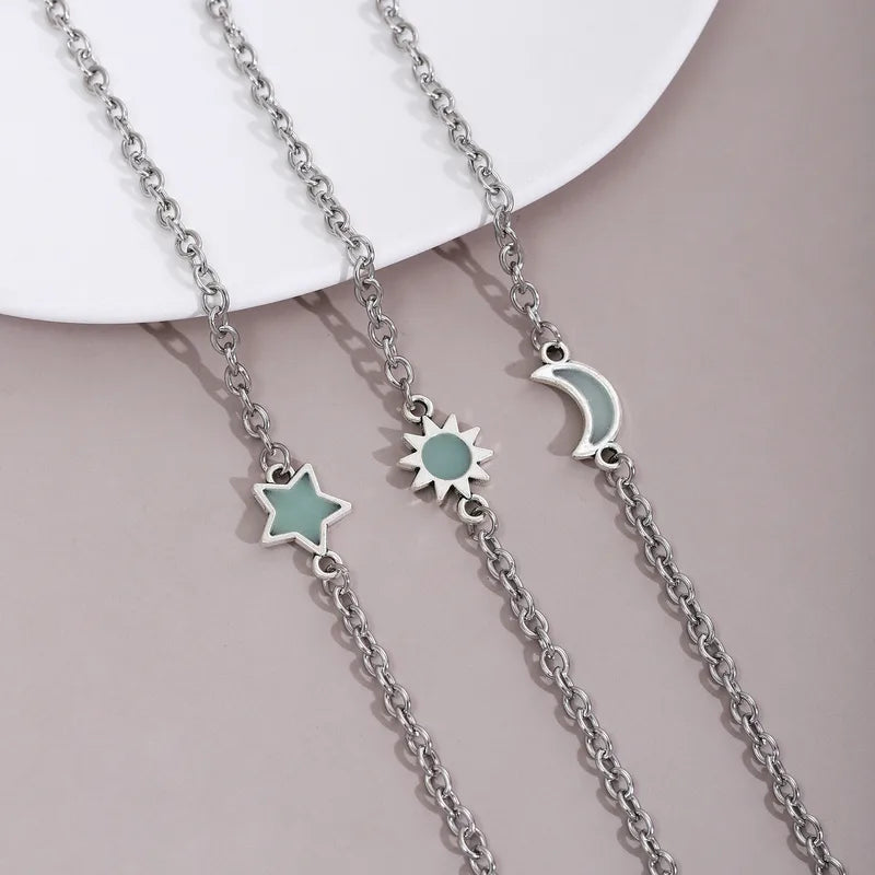 Lot de 3 Bracelets Maillons D'amitié - 3 Lune Soleil Etoile Phosphorescent - BFF - Best Friends Forever - Fantaisie - Mignon - Acier Inoxydable