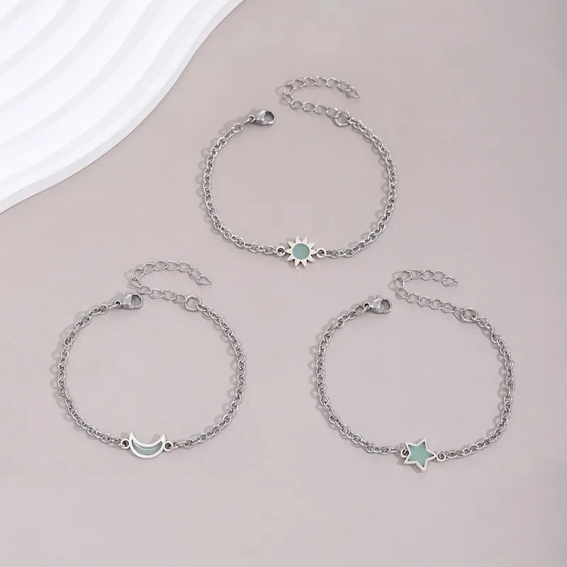 Lot de 3 Bracelets Maillons D'amitié - 3 Lune Soleil Etoile Phosphorescent - BFF - Best Friends Forever - Fantaisie - Mignon - Acier Inoxydable