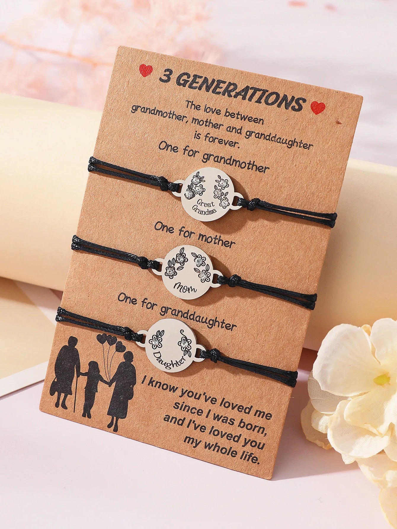 Set mit 3 verstellbaren Kordelarmbändern für Großmutter, Mutter und Tochter – Familie, Eltern, Kind, Mutter und Tochter – Herz-Anhänger – Edelstahl