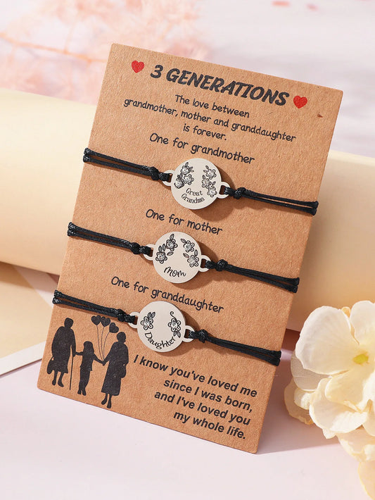 Lot de 3 Bracelets Cordon Réglable avec Carte - Grand-Mère Mère Fille - Famille - Pendentif Rond Strass Fleurs - Acier Inoxydable