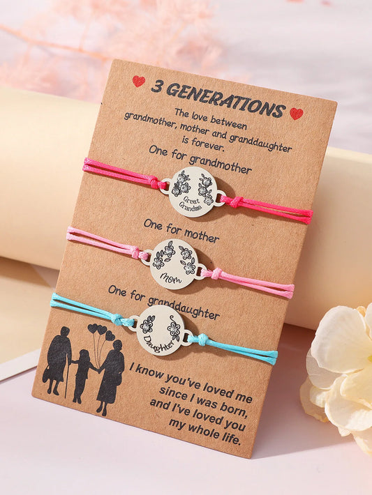 Set mit 3 verstellbaren Kordelarmbändern für Großmutter, Mutter und Tochter – Familie, Eltern, Kind, Mutter und Tochter – Herz-Anhänger – Edelstahl