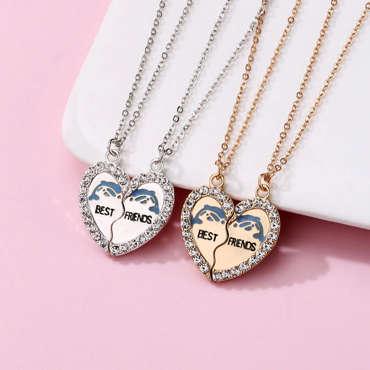 Set of 2 Dolphin Heart Friendship Necklaces - BFF Best Friends Forever - Fantasy - Silver Pendant and Chain