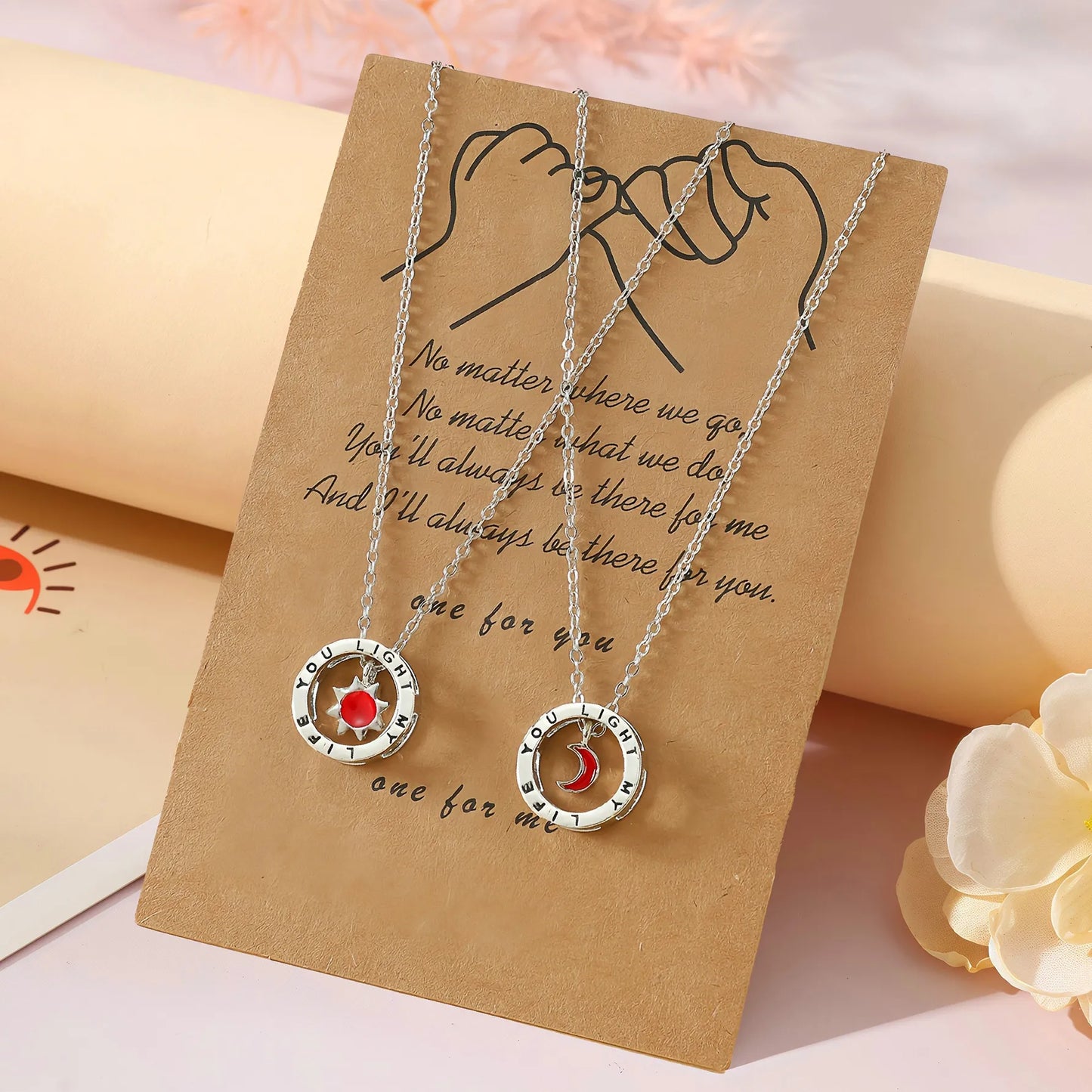 Lot de 2 Colliers BFF avec Carte - Lune Soleil - Montagne Mer - Best Friends Forever - Amitié - Promesse petit doigt