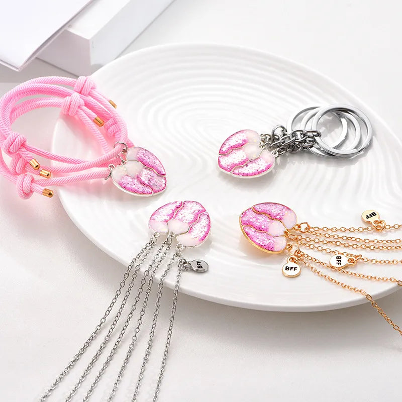 Lot de 3 Colliers, Bracelets ou Porte Clés BFF Aimanté - Coeur Paillettes - BFF - Best Friends Forever - Amitié