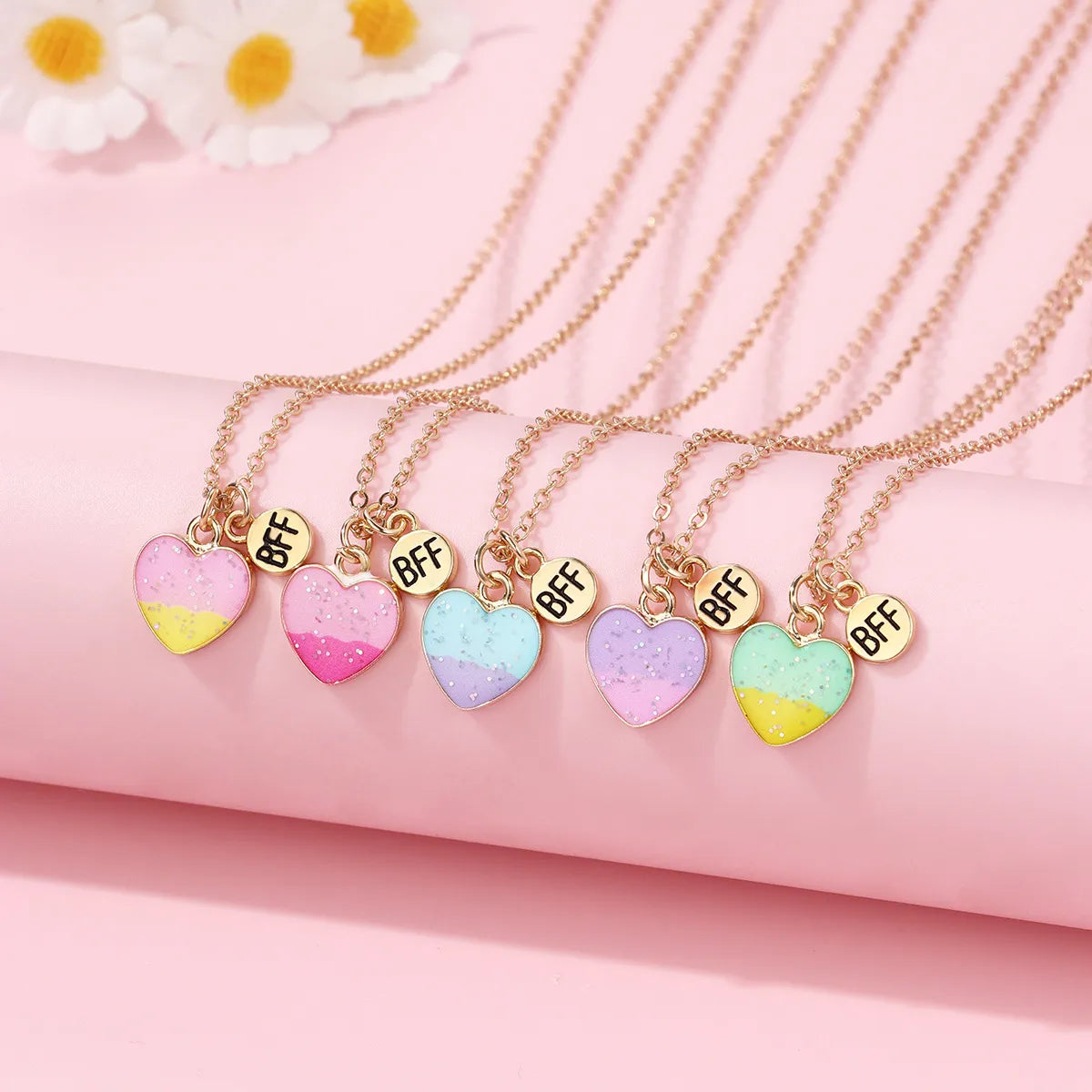 Lot de 5 Colliers BFF - Coeurs Degradé paillettes - Best Friends Forever - Amitié - À Partager