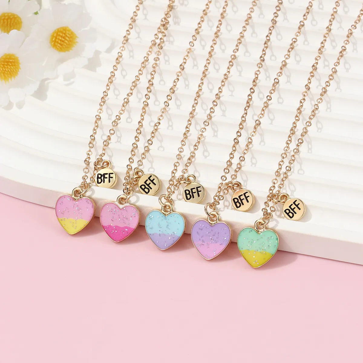 Lot de 5 Colliers BFF - Coeurs Degradé paillettes - Best Friends Forever - Amitié - À Partager