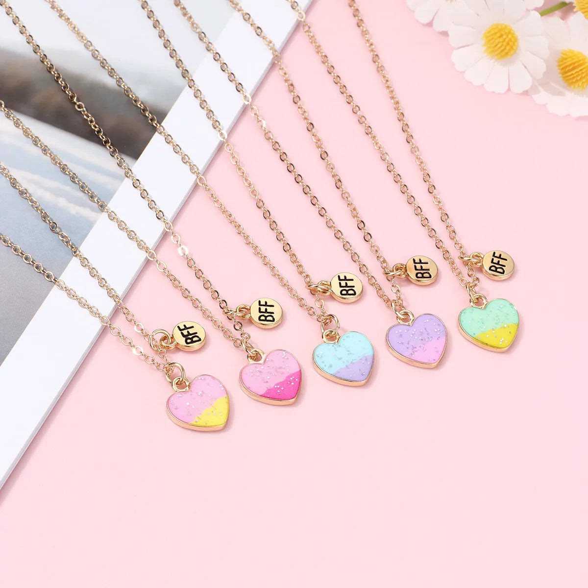 Lot de 5 Colliers BFF - Coeurs Degradé paillettes - Best Friends Forever - Amitié - À Partager