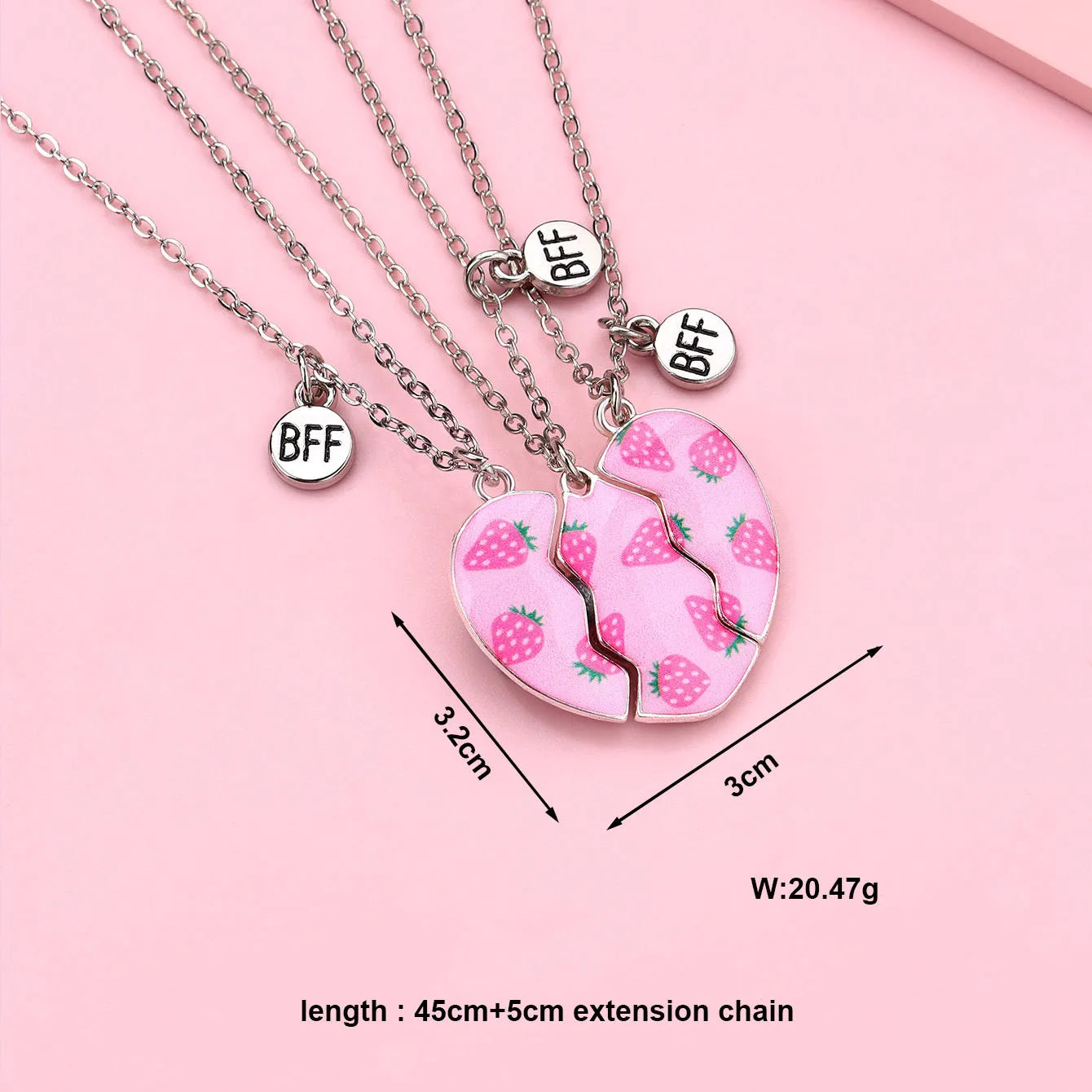 Lot de 3 Colliers BFF Aimanté - Coeur Fraises - BFF - Best Friends Forever - Amitié - Pendentif Aimanté - Mignon