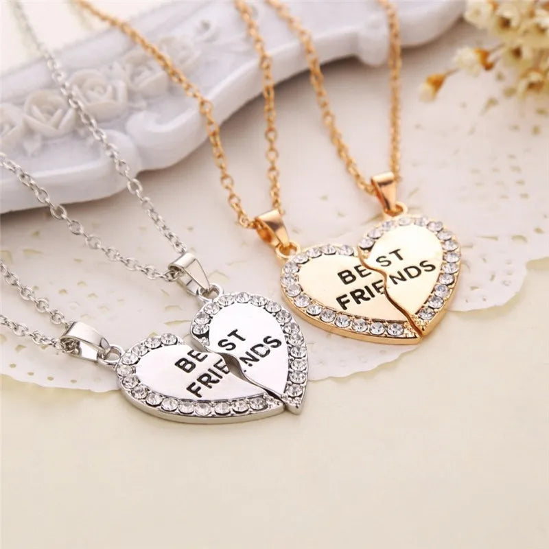 Lot de 2 Colliers D'amitié - Coeur - BFF - Best Friends Forever - Amitié - Pendentif et Chaine Argenté Doré Strass