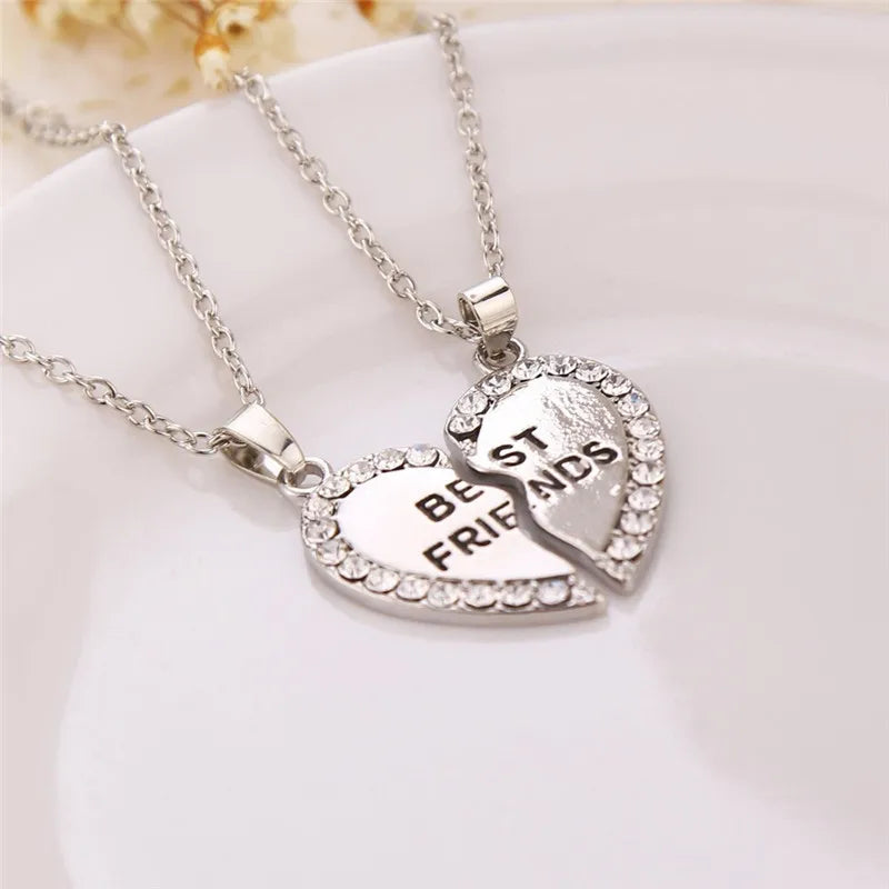 Lot de 2 Colliers D'amitié - Coeur - BFF - Best Friends Forever - Amitié - Pendentif et Chaine Argenté Doré Strass