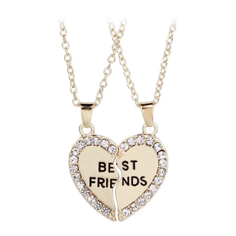 Lot de 2 Colliers D'amitié - Coeur - BFF - Best Friends Forever - Amitié - Pendentif et Chaine Argenté Doré Strass