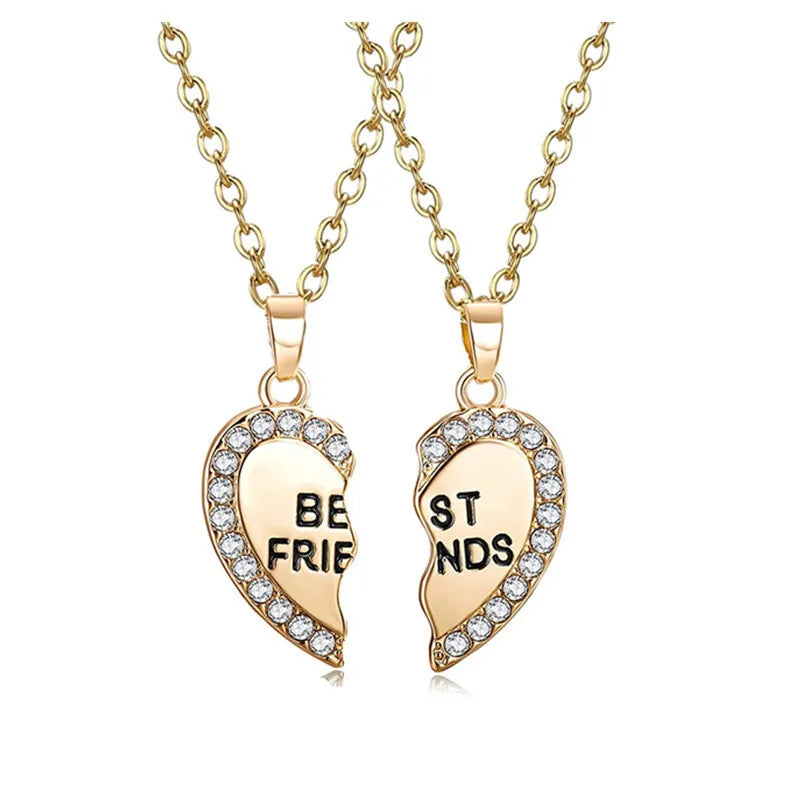 Lot de 2 Colliers D'amitié - Coeur - BFF - Best Friends Forever - Amitié - Pendentif et Chaine Argenté Doré Strass