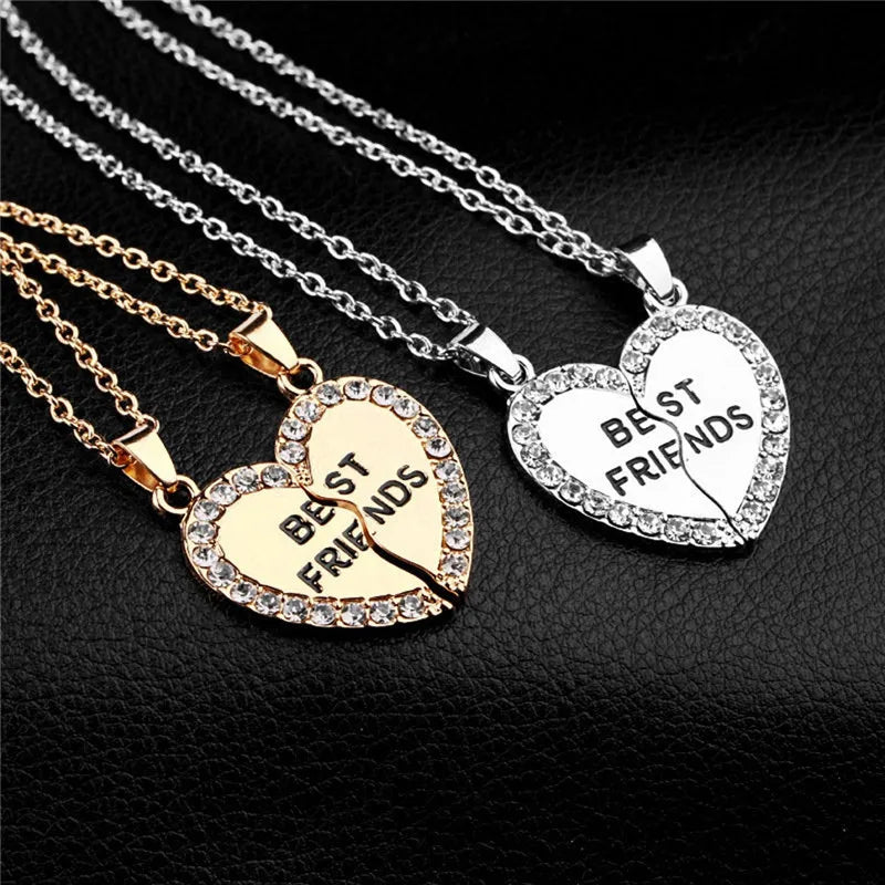 Lot de 2 Colliers D'amitié - Coeur - BFF - Best Friends Forever - Amitié - Pendentif et Chaine Argenté Doré Strass