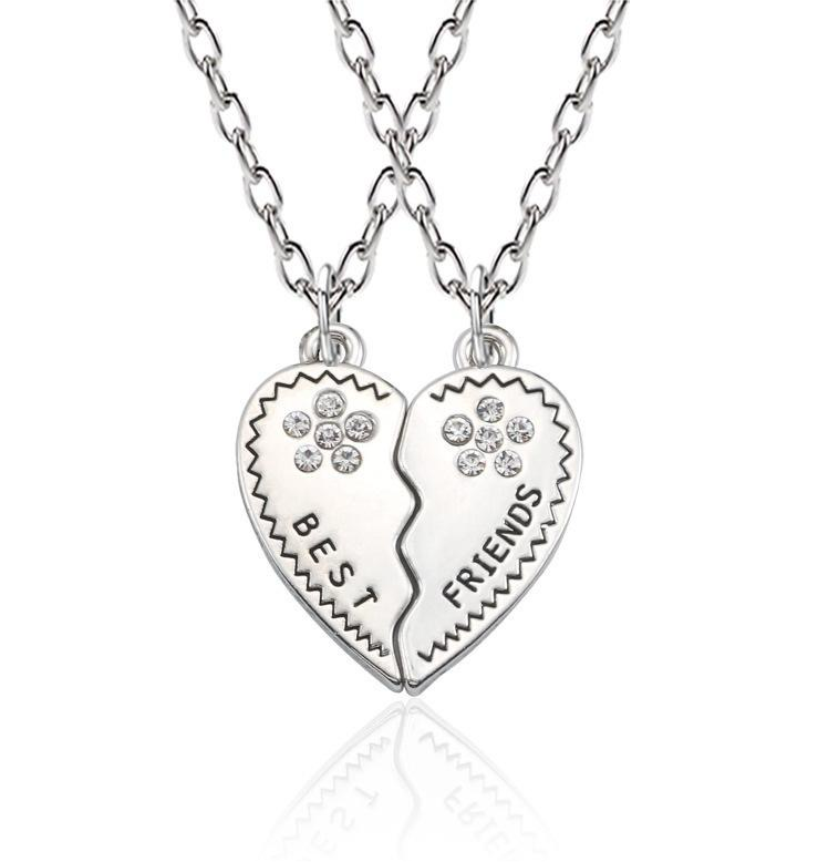 Set of 2 Heart Friendship Necklaces - BFF Best Friends Forever - Fantasy - Silver Pendant and Chain