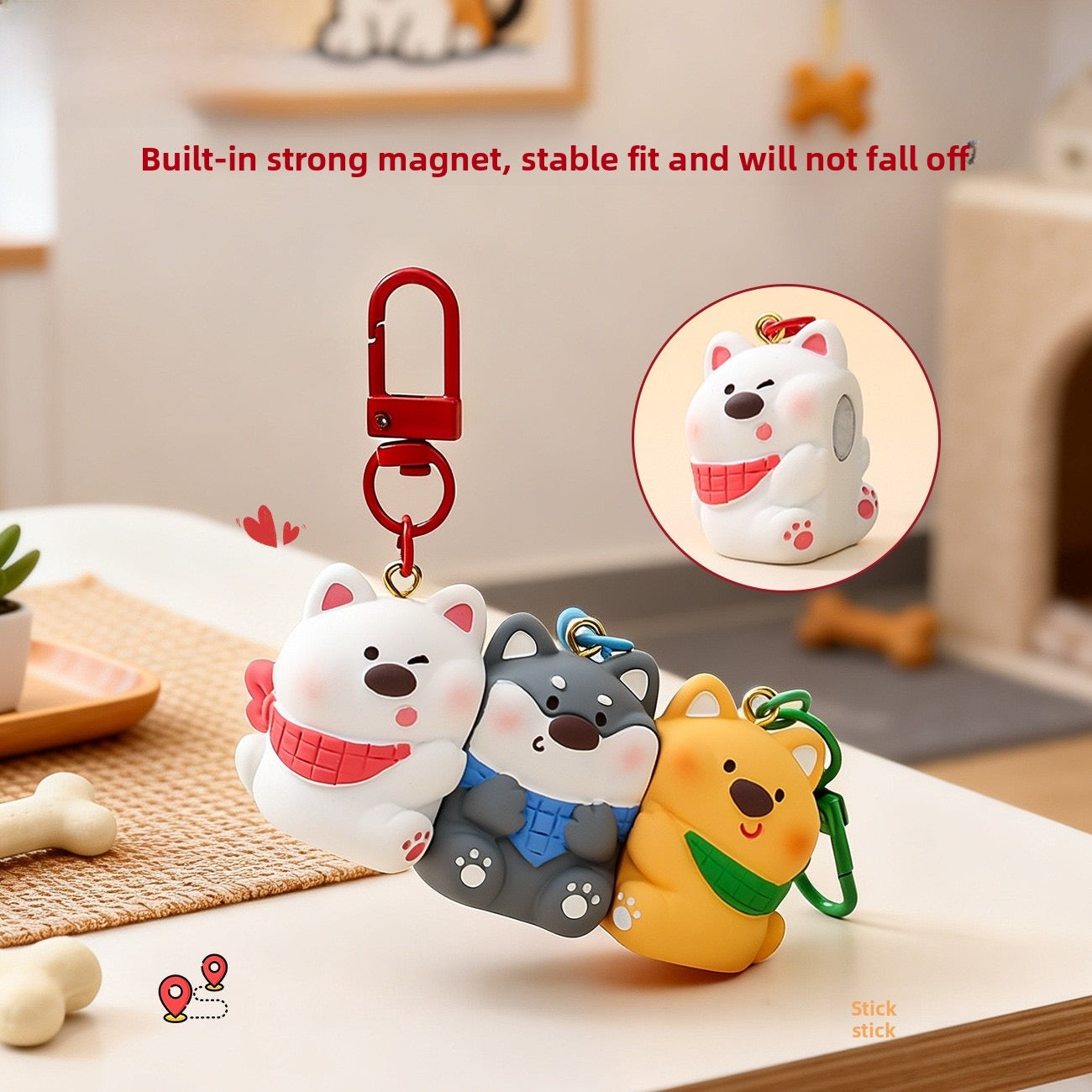Porte Clés Trio - Mignon Chiens - A Partager à 3 - Aimanté - Amoureux - Meilleurs Amis - Pendentif Sac - BFF - Best Friends - Amitié