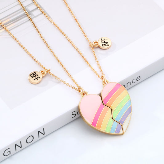 CHILDREN - Set of 2 Rainbow Heart Friendship Necklace Chains - BFF Best Friends Forever - Fantasy - Magnetic Pendant