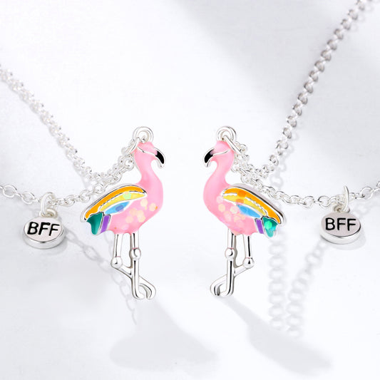 CHILD - Set of 2 Cute Pink Flamingo Heart Friendship Necklaces - BFF Best Friends Forever - Fantasy - Magnetic Pendant