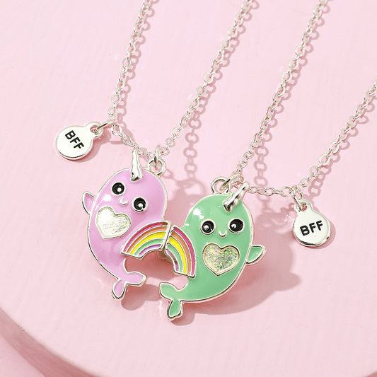 Lot de 2 Colliers D'amitié Aimanté - Baleines Arc en Ciel - BFF - Best Friends Forever - Fantaisie - Pendentif Aimanté - Amitié