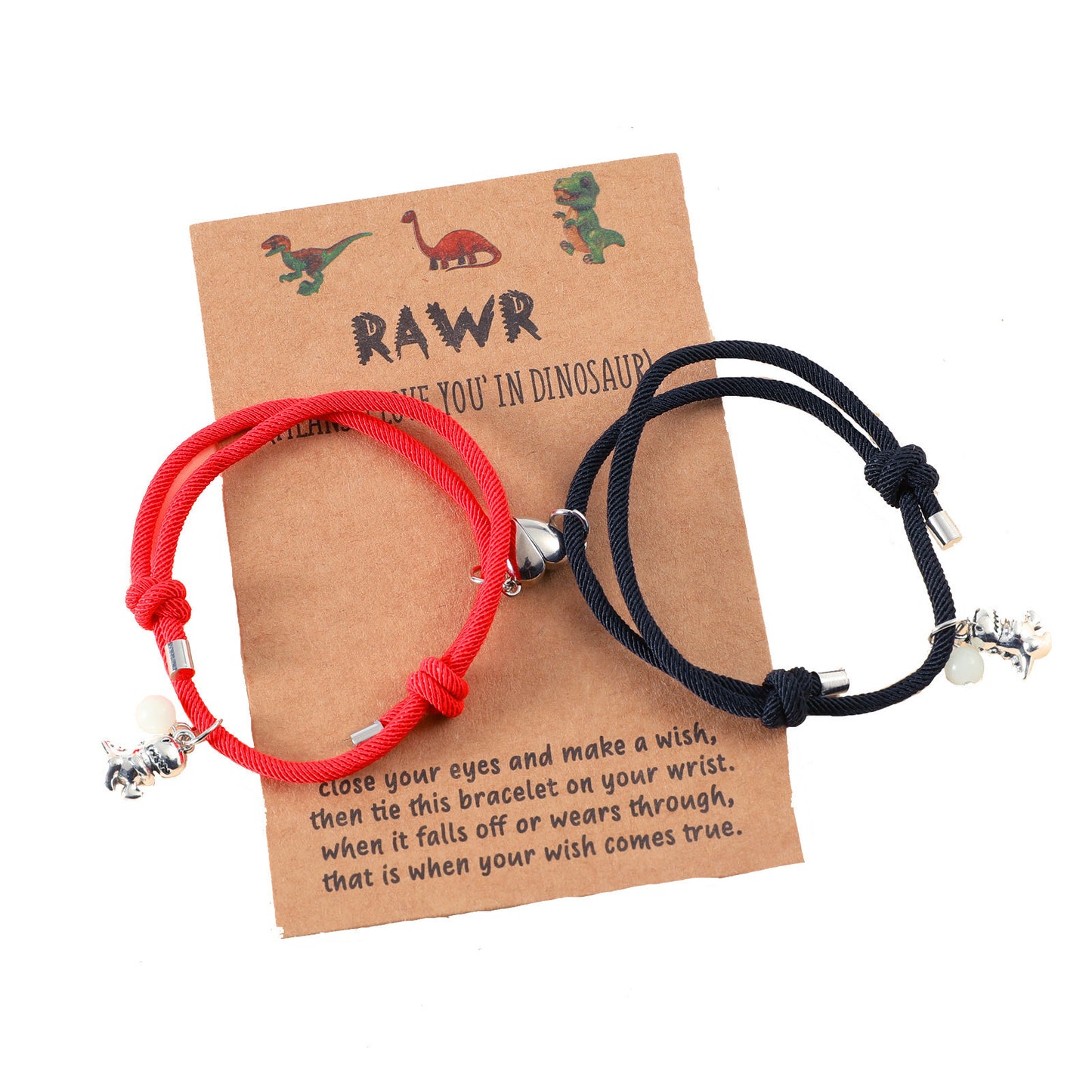 Lot de 2 Bracelets D'amitié Cordon Réglable avec Carte - Dinosaure - Perle Phosphorescent - BFF - Best Friends Forever - Amitié - Pendentif Aimanté Coeur