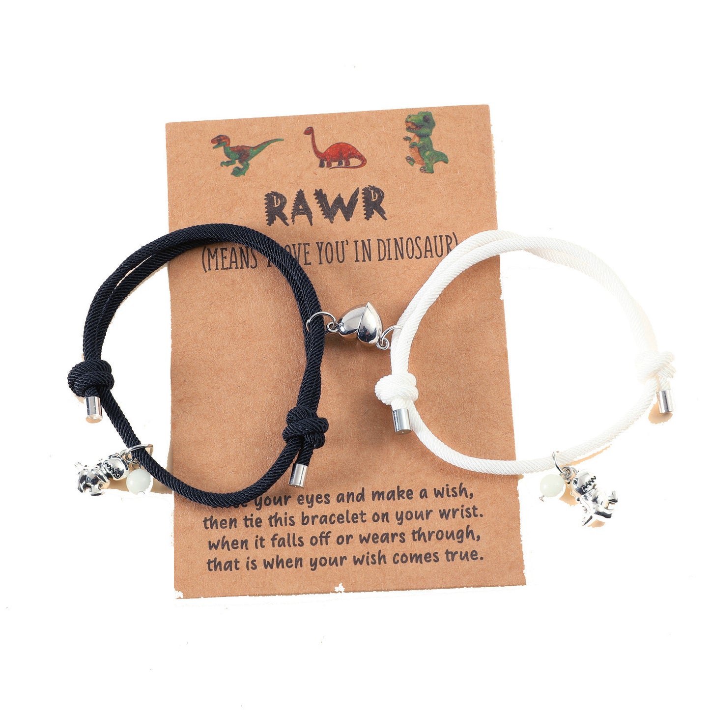 Lot de 2 Bracelets D'amitié Cordon Réglable avec Carte - Dinosaure - Perle Phosphorescent - BFF - Best Friends Forever - Amitié - Pendentif Aimanté Coeur