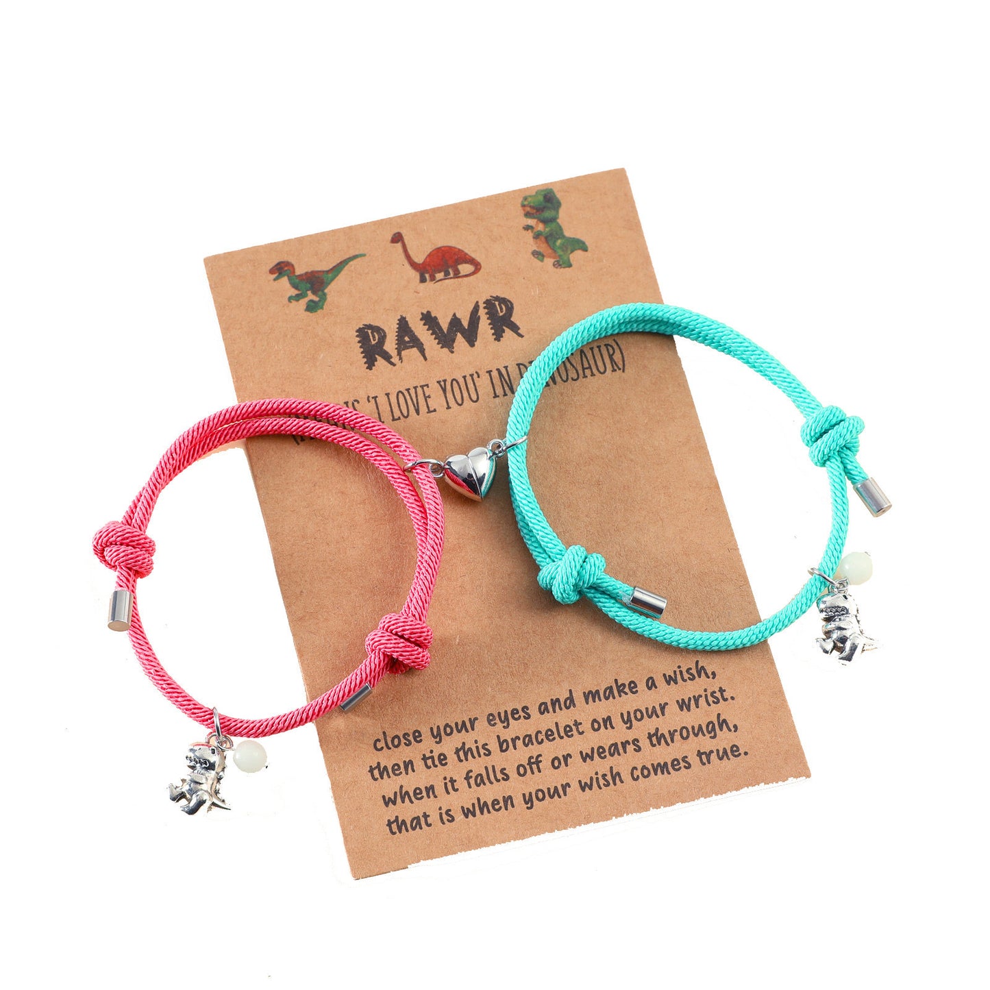 Lot de 2 Bracelets D'amitié Cordon Réglable avec Carte - Dinosaure - Perle Phosphorescent - BFF - Best Friends Forever - Amitié - Pendentif Aimanté Coeur