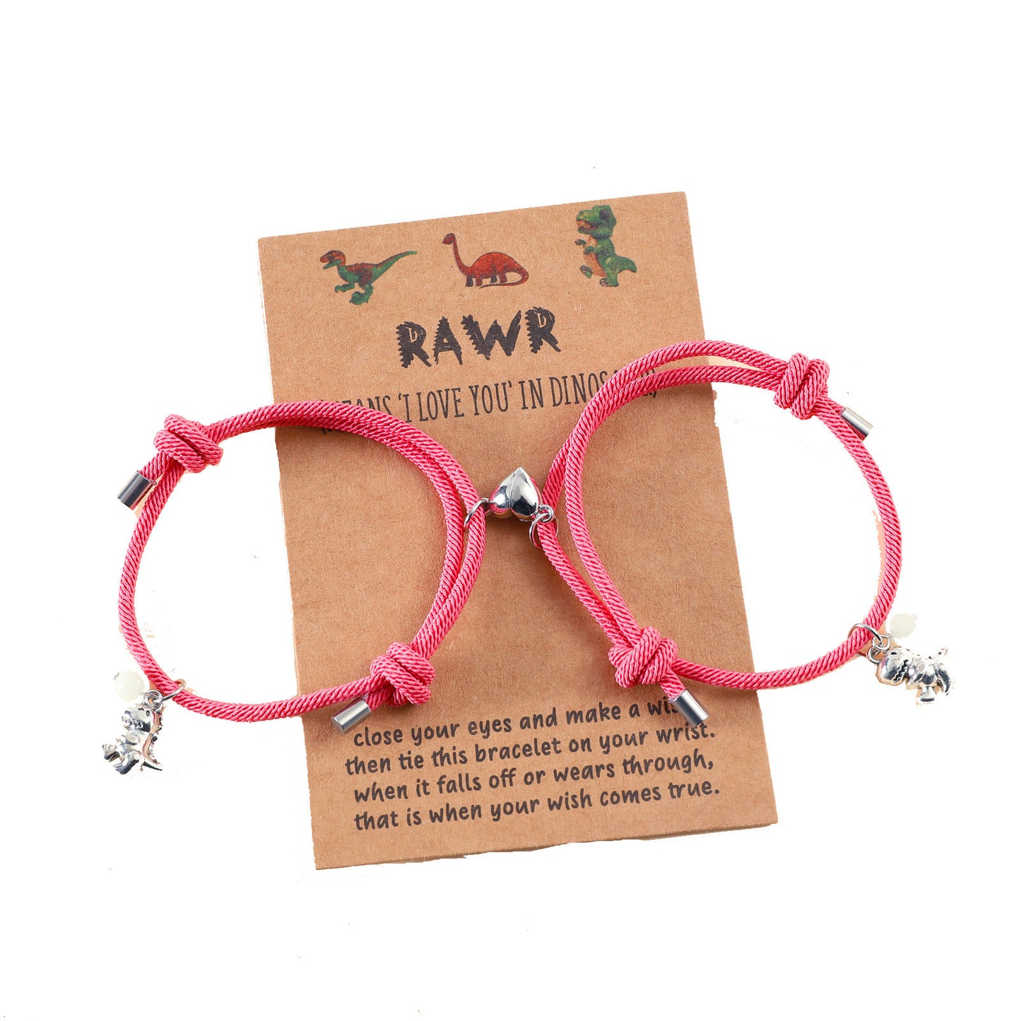 Lot de 2 Bracelets D'amitié Cordon Réglable avec Carte - Dinosaure - Perle Phosphorescent - BFF - Best Friends Forever - Amitié - Pendentif Aimanté Coeur