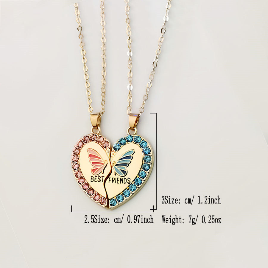 Set of 2 Chains Friendship Necklaces Heart Butterflies - BFF Best Friends Forever - Fantasy - Pendant and Chain Silver or Gold