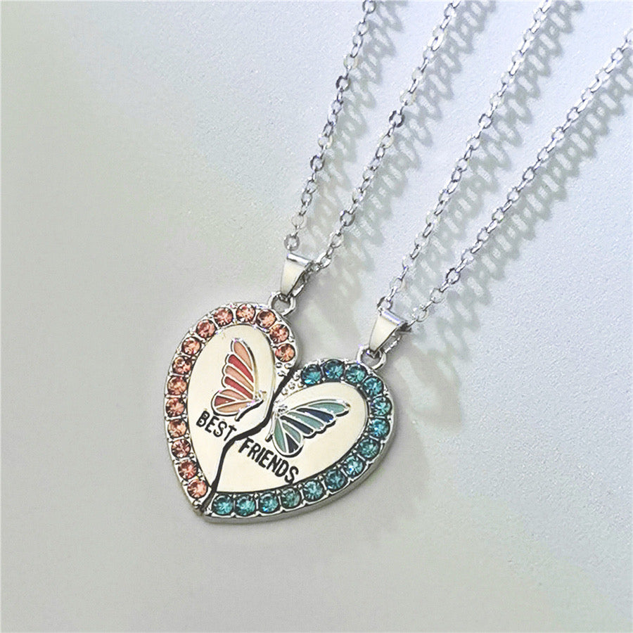 Set of 2 Chains Friendship Necklaces Heart Butterflies - BFF Best Friends Forever - Fantasy - Pendant and Chain Silver or Gold