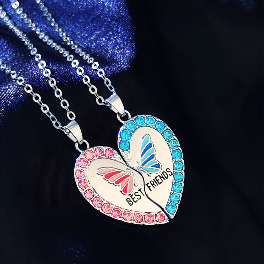 Set of 2 Chains Friendship Necklaces Heart Butterflies - BFF Best Friends Forever - Fantasy - Pendant and Chain Silver or Gold