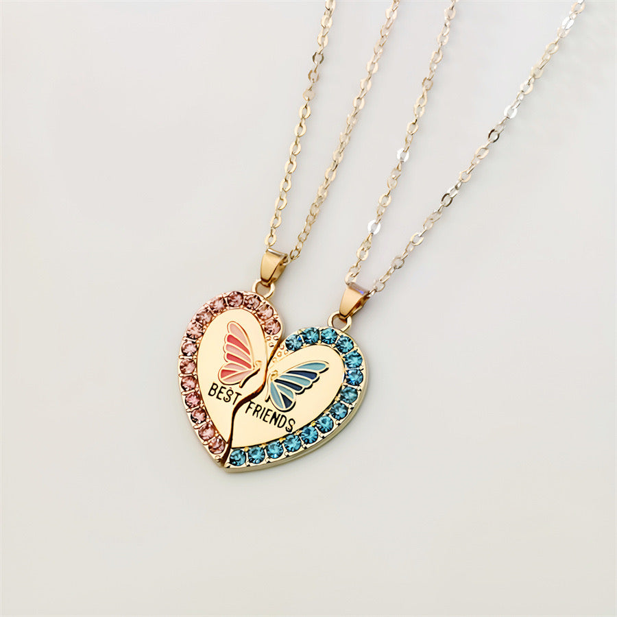 Set of 2 Chains Friendship Necklaces Heart Butterflies - BFF Best Friends Forever - Fantasy - Pendant and Chain Silver or Gold