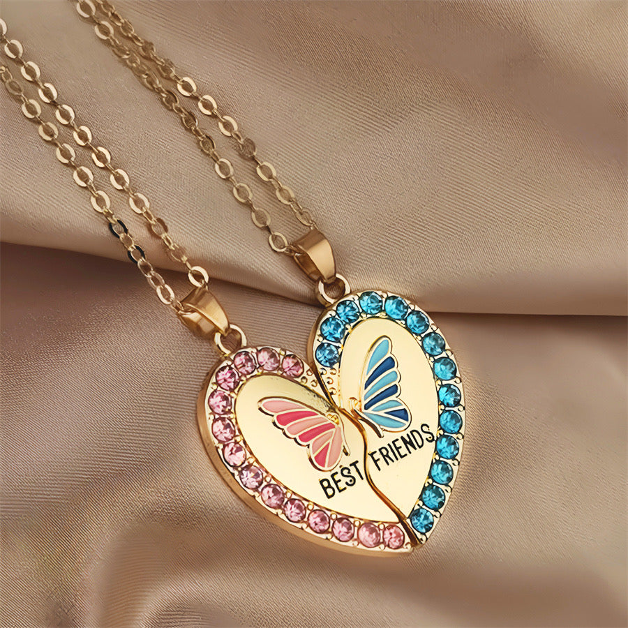 Set of 2 Chains Friendship Necklaces Heart Butterflies - BFF Best Friends Forever - Fantasy - Pendant and Chain Silver or Gold