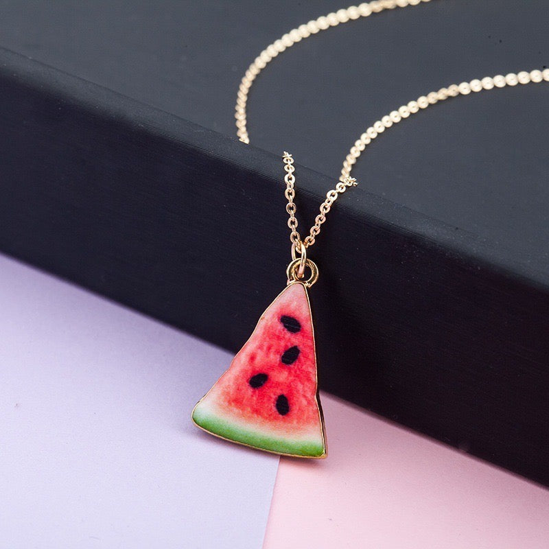 Collier Pendentif Pastèque - Chaine Doré - Fruit Exotique Été Fun