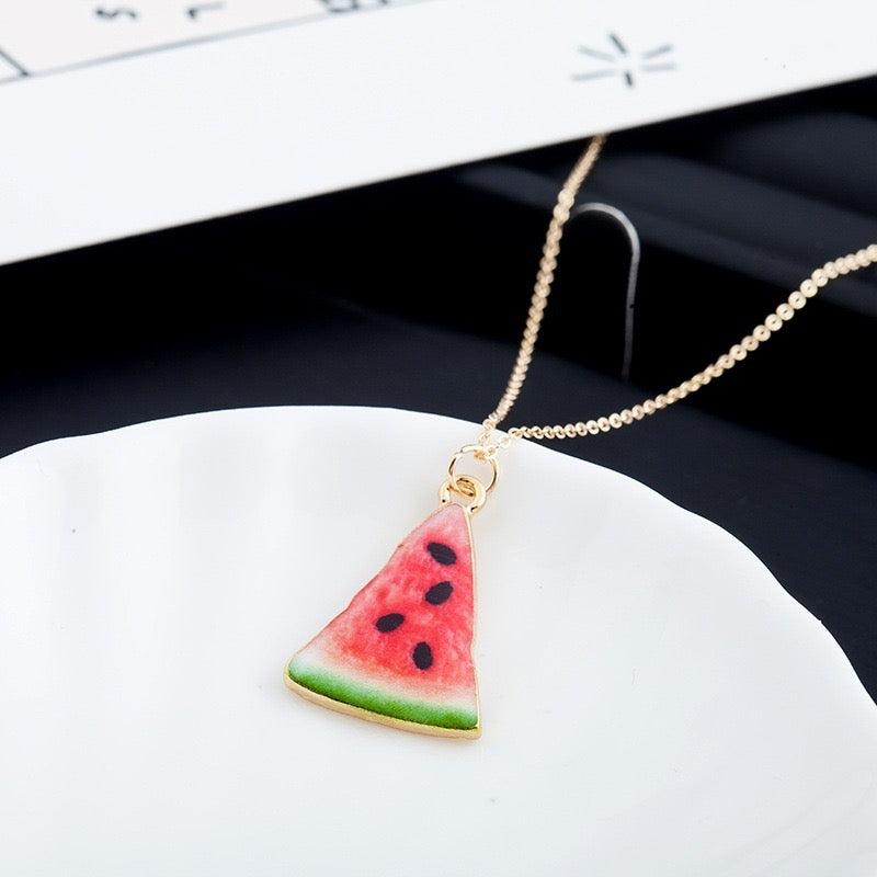 Collier Pendentif Pastèque - Chaine Doré - Fruit Exotique Été Fun