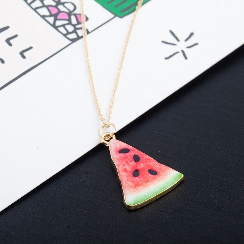 Collier Pendentif Pastèque - Chaine Doré - Fruit Exotique Été Fun