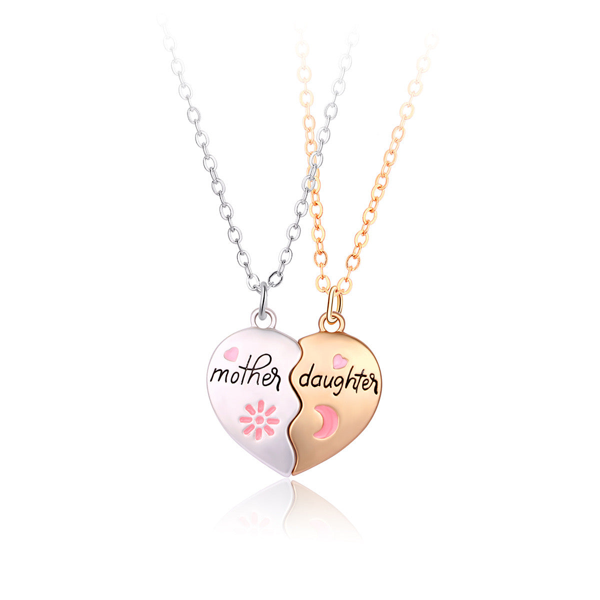 Set of 2 Mother Daughter Necklaces - Family Parents Child Mom Daughter - Fantasy - Heart Pendant