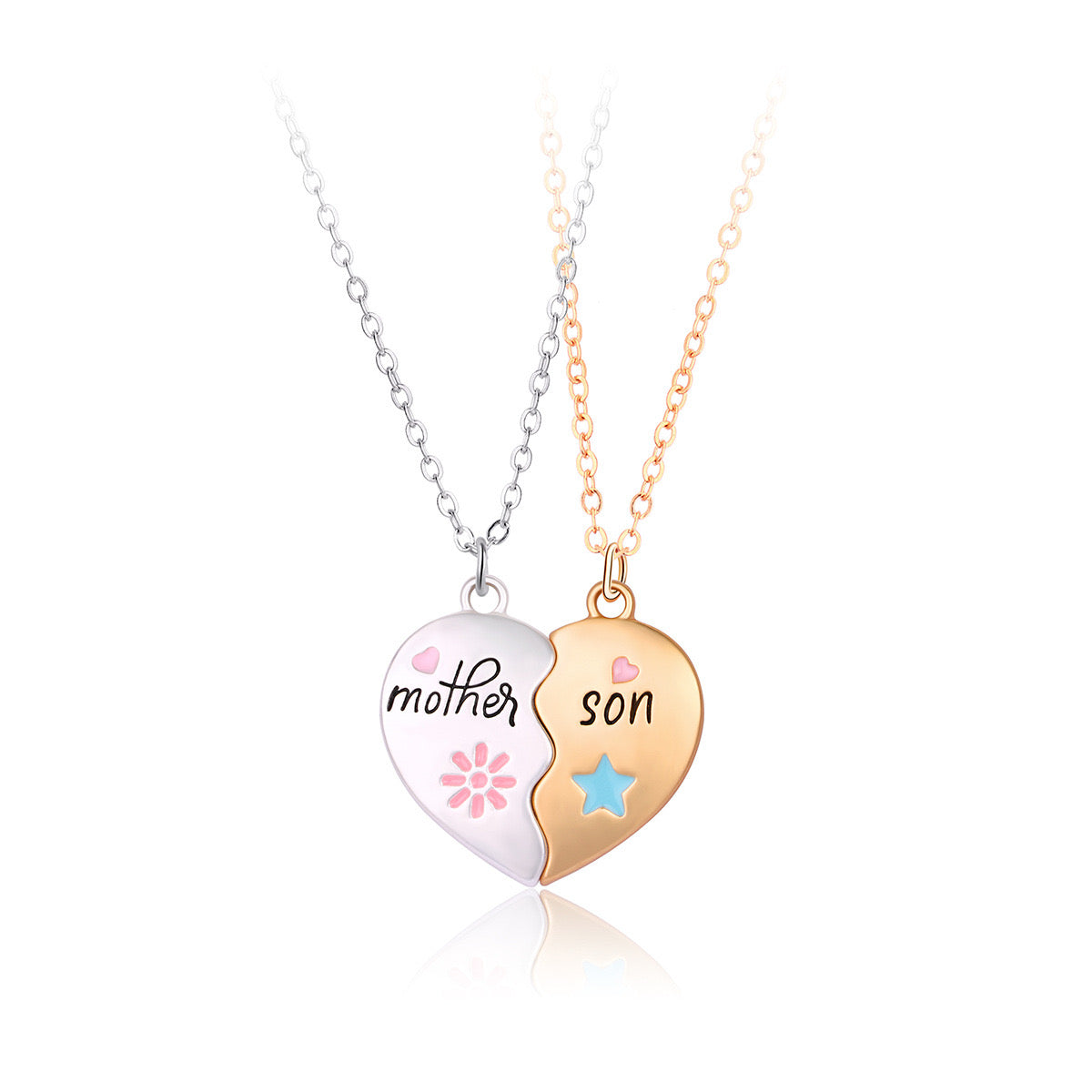 Set of 2 Mother Son Necklaces Chains - Family Parents Child Mom Boy - Fantasy - Heart Pendant