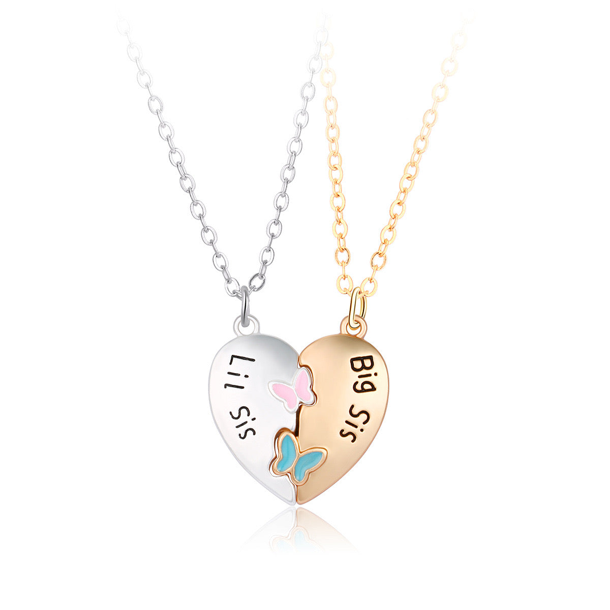 Lot de 2 Colliers Coeur avec Carte - Soeurs - Famille Petite Soeur Grande Soeur - Papillons - Pendentif Coeur Aimanté