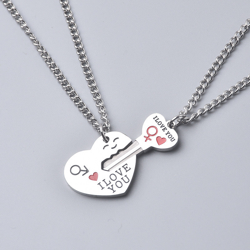 Set of 2 Friendship Necklaces Chains - Heart and Key - BFF Best Friends Forever - Pendant - Lovers Couple Silver Stainless Steel