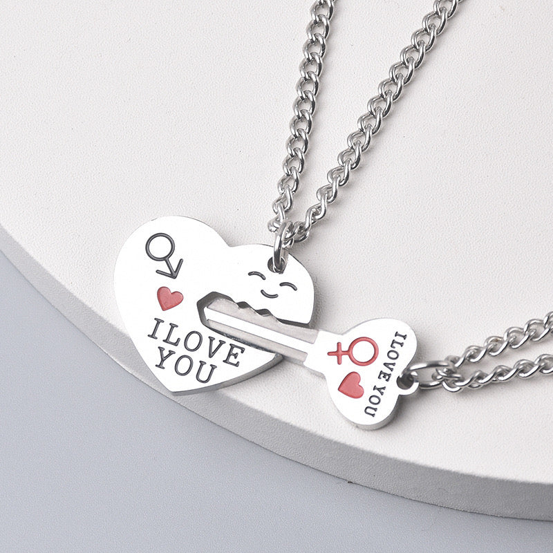 Set of 2 Friendship Necklaces Chains - Heart and Key - BFF Best Friends Forever - Pendant - Lovers Couple Silver Stainless Steel