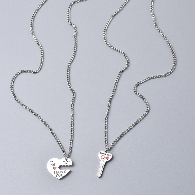 Set of 2 Friendship Necklaces Chains - Heart and Key - BFF Best Friends Forever - Pendant - Lovers Couple Silver Stainless Steel