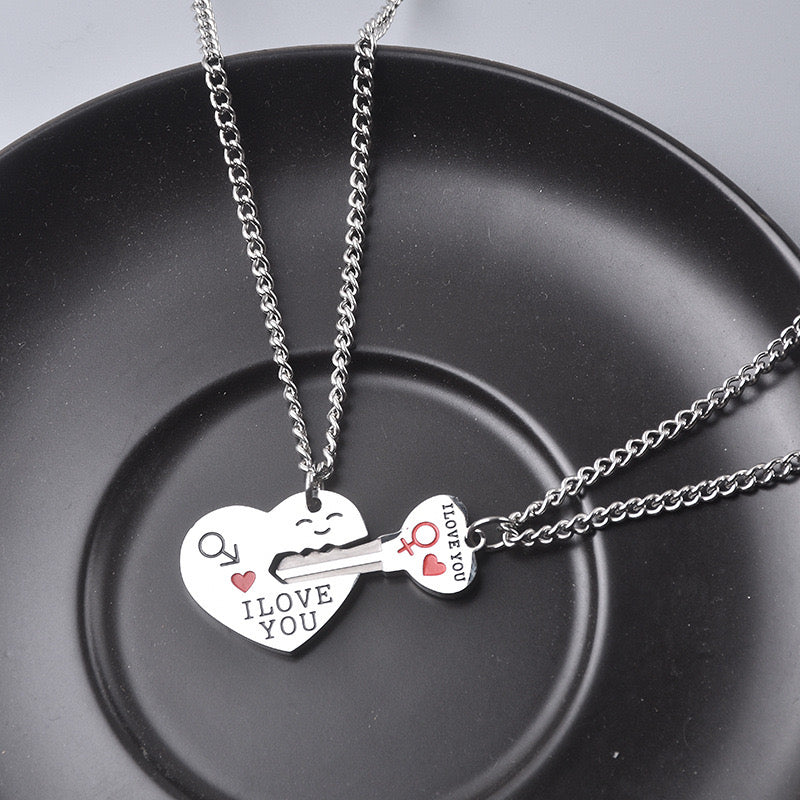 Set of 2 Friendship Necklaces Chains - Heart and Key - BFF Best Friends Forever - Pendant - Lovers Couple Silver Stainless Steel