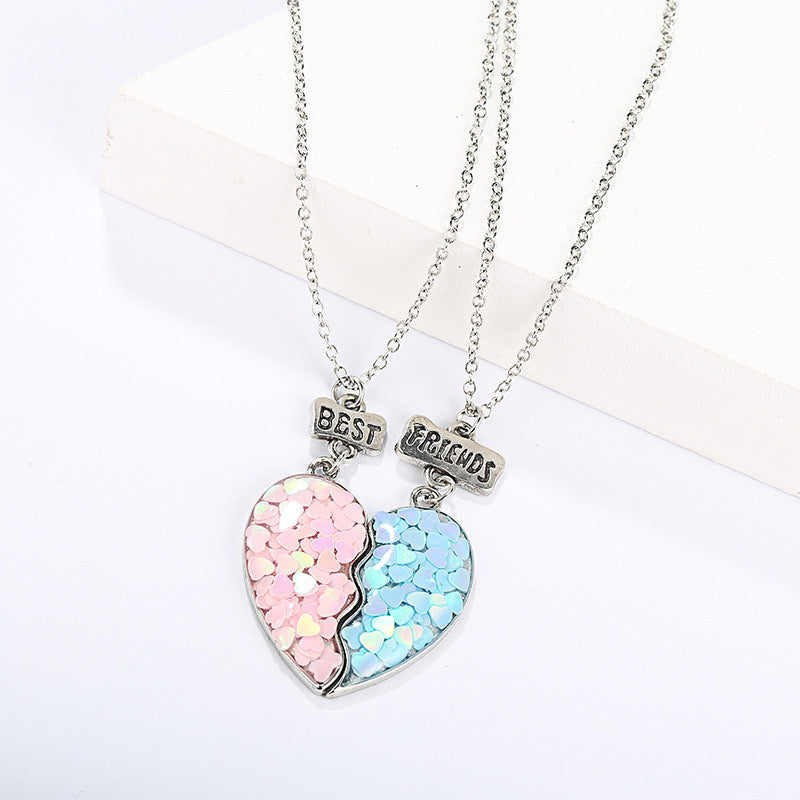 CHILDREN - Set of 2 Glitter Heart Friendship Necklace Chains - BFF Best Friends Forever - Fancy Blue Pink Heart - Cute Pendant