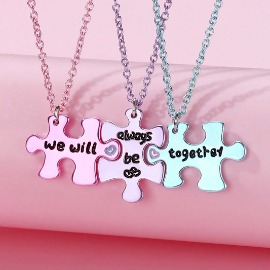 Set of 3 Puzzle Friendship Necklaces - BFF Best Friends Forever - Fantasy - Colorful Pendant and Chain