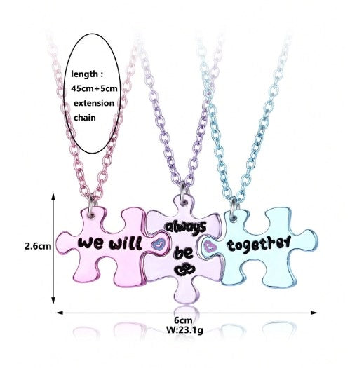 Lot de 3 Colliers D'amitié - Puzzle - We Will Always Together - BFF - Best Friends Forever - Amitié - Pendentif et Chaine Colorés