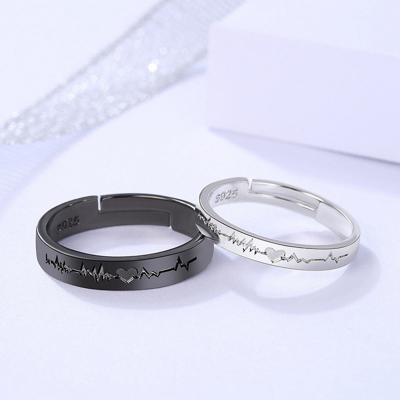 Set of 2 Heartbeat Heartbeat Friendship Rings - BFF Best Friends Couple Lovers - Adjustable Rings - Electrocardiogram